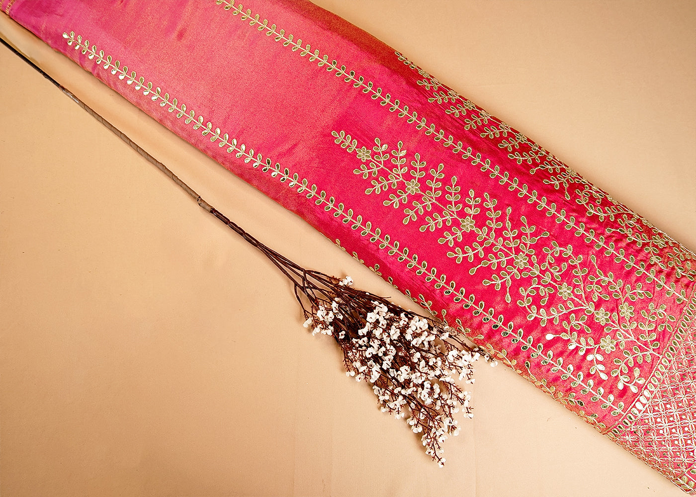 Pink Tissue Fabric With All Over Gotta Pati Work And One Side Heavy Border 16006