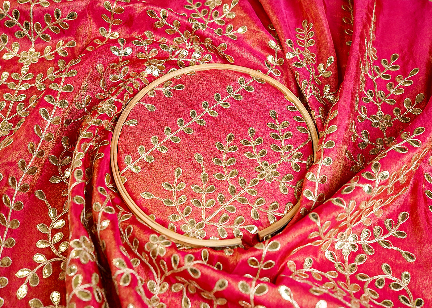 Pink Tissue Fabric With All Over Gotta Pati Work And One Side Heavy Border 16006