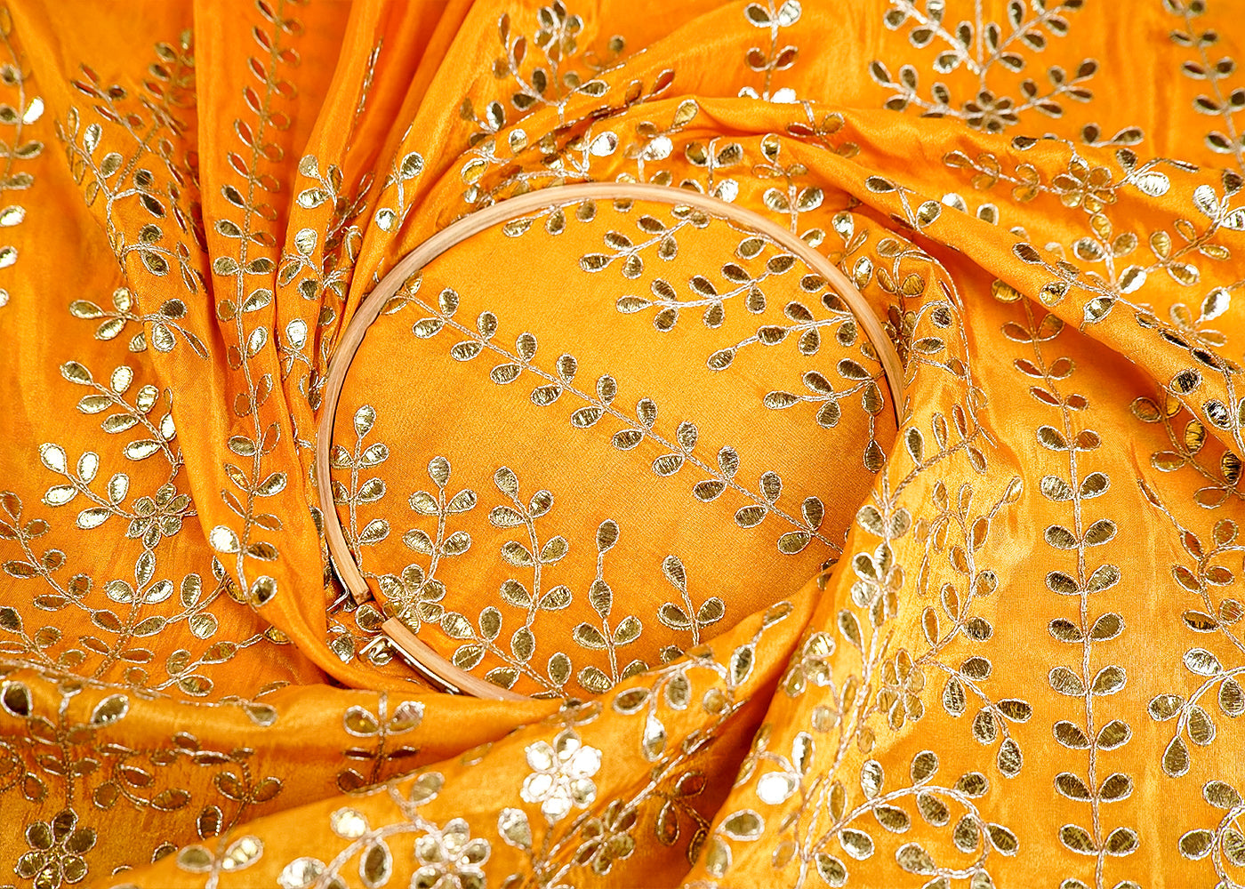 Yellow Tissue Fabric With All Over Gotta Pati Work And One Side Heavy Border 16007