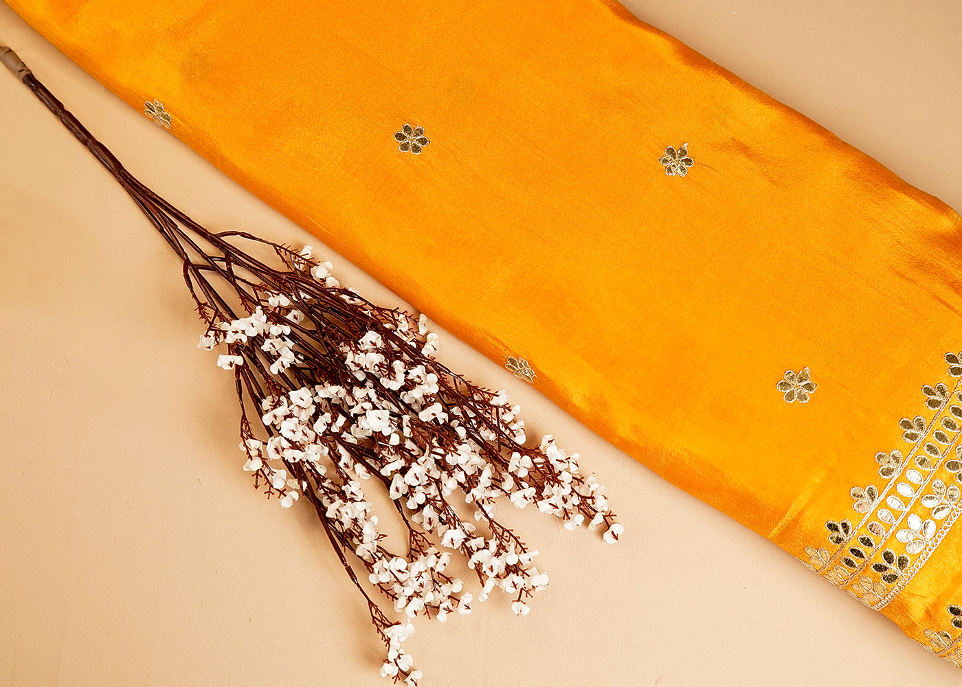 Yellow Tissue Fabric With All Over Gotta Patti Work And Two Side Heavy Border 16008