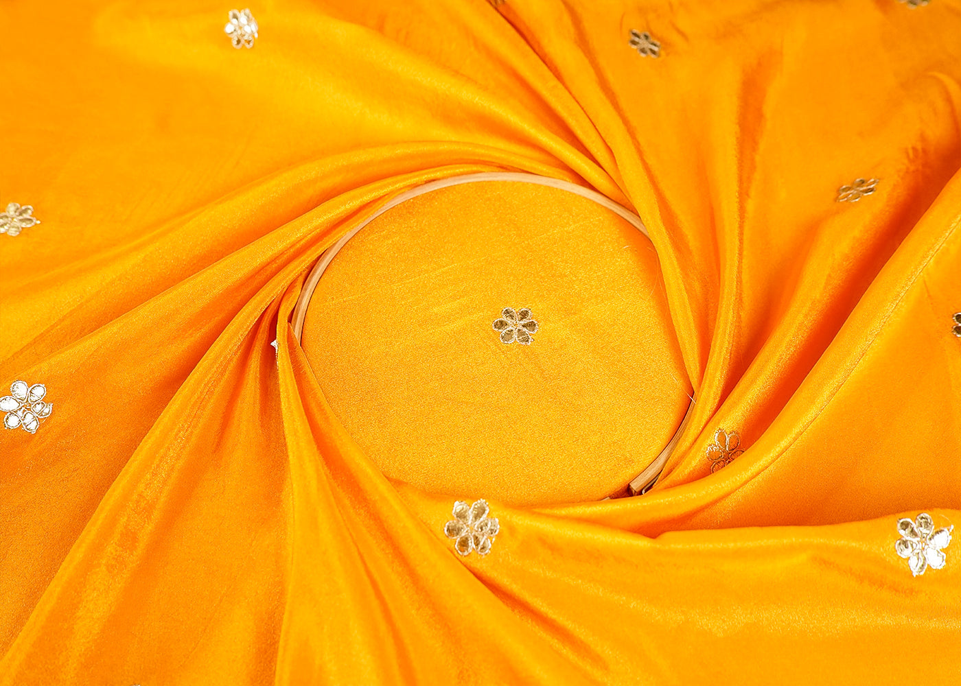 Yellow Tissue Fabric With All Over Gotta Patti Work And Two Side Heavy Border 16008