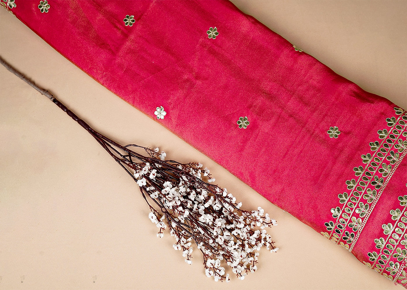 Pink Tissue Fabric With All Over Gotta Patti Work And Two Side Heavy Border 16009