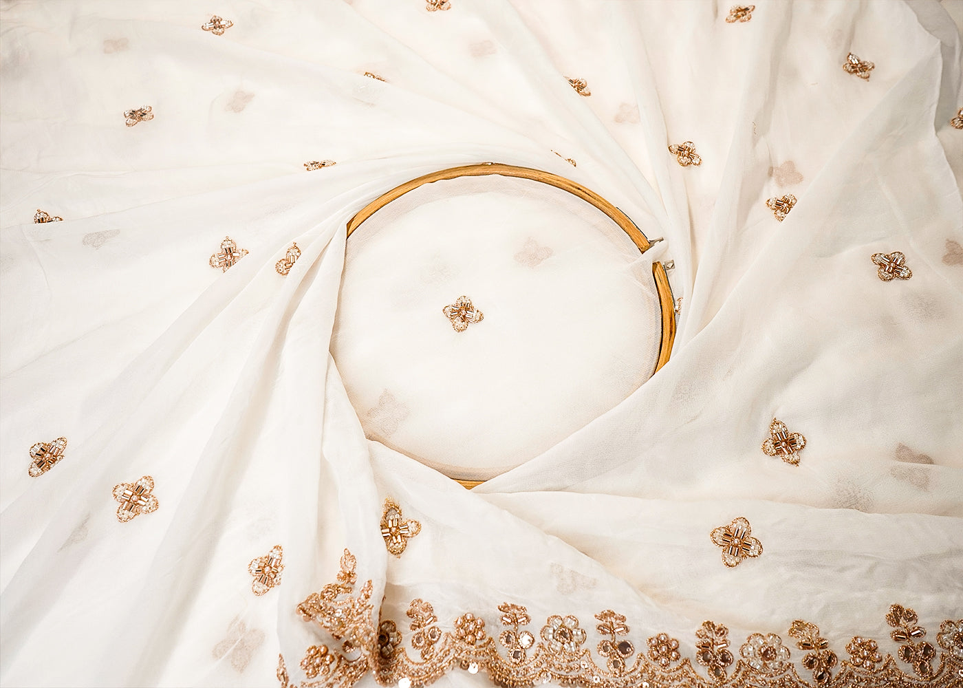 White Georgette Fabric With All Over Zari, Sequins,Bead And Faux Mirror Work With One Side Heavy Border 16013