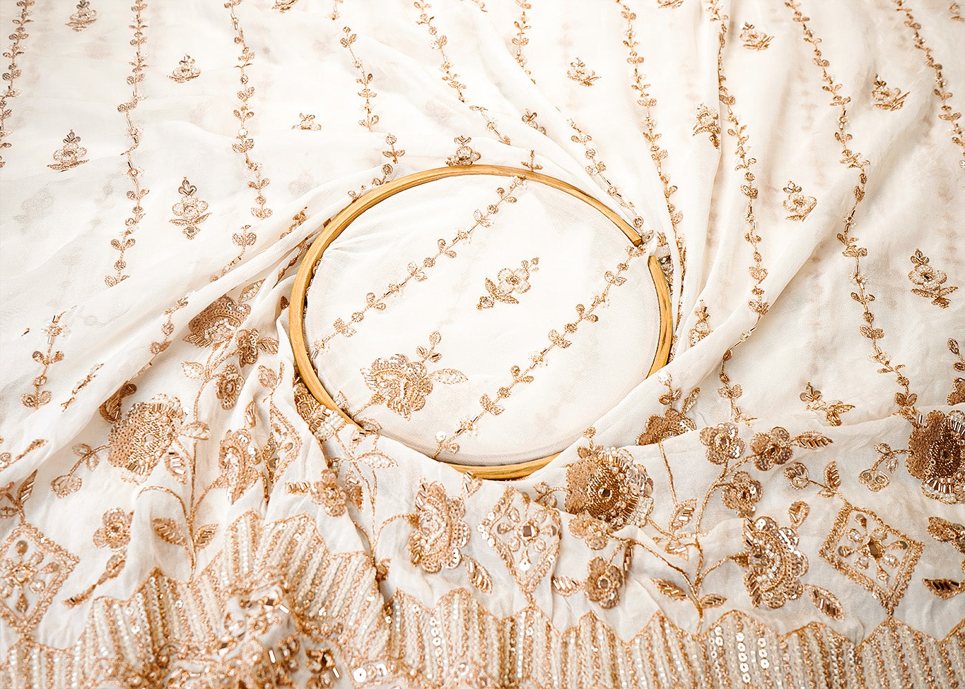 White Georgette Fabric With All Over Zari, Sequins,Bead And Faux Mirror Work With One Side Heavy Border 16014