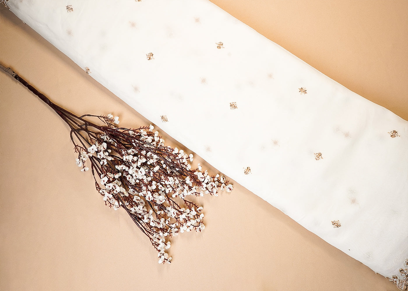 White Georgette Fabric With All Over Zari, Sequins,Bead And Faux Mirror Work With One Side Heavy Border 16015
