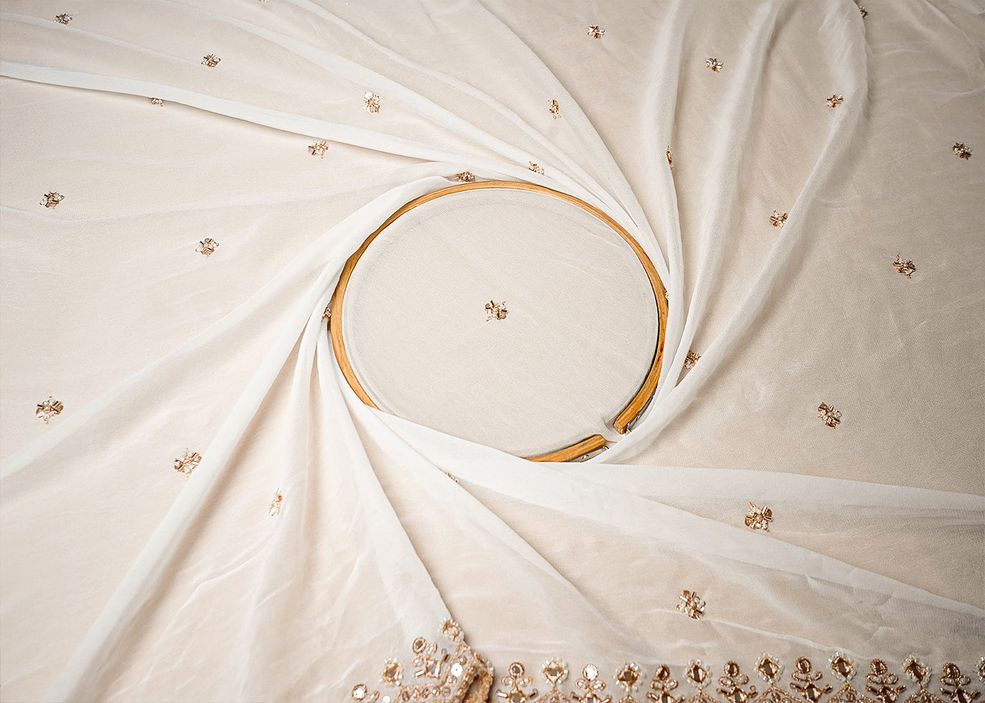 White Georgette Fabric With All Over Zari, Sequins,Bead And Faux Mirror Work With One Side Heavy Border 16015
