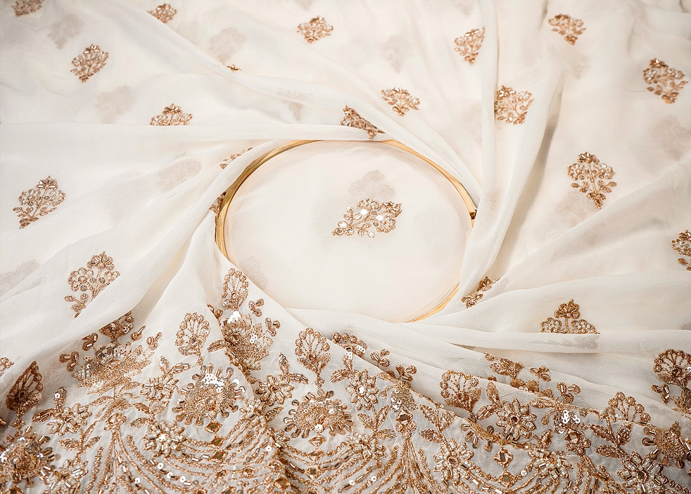White Georgette Fabric With All Over Bead, Zari And Sequins Work And One Side Heavy Border 16016