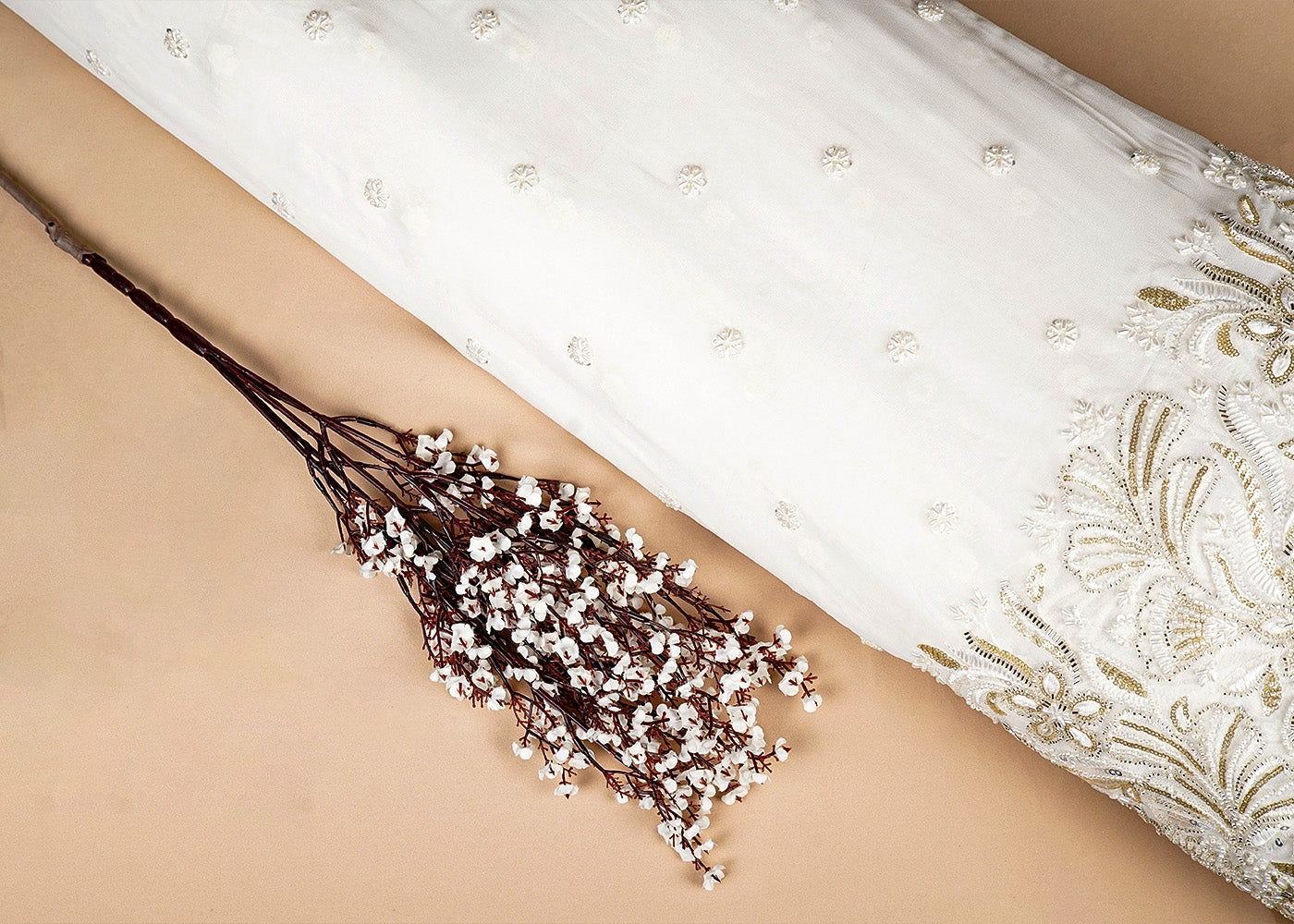 White Georgette Fabric With All Over Bead And Sequins Work And One Side Heavy Border 16032