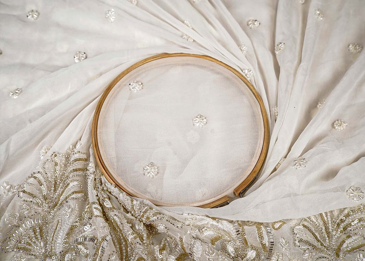 White Georgette Fabric With All Over Bead And Sequins Work And One Side Heavy Border 16032