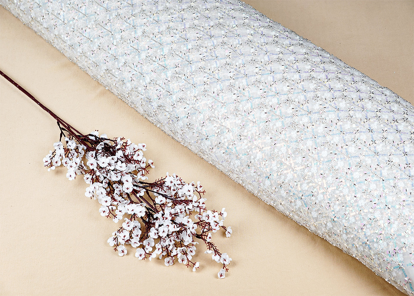 White Imported Net Fabric With All Over Ranibow Sequins And Katdana Work 16033