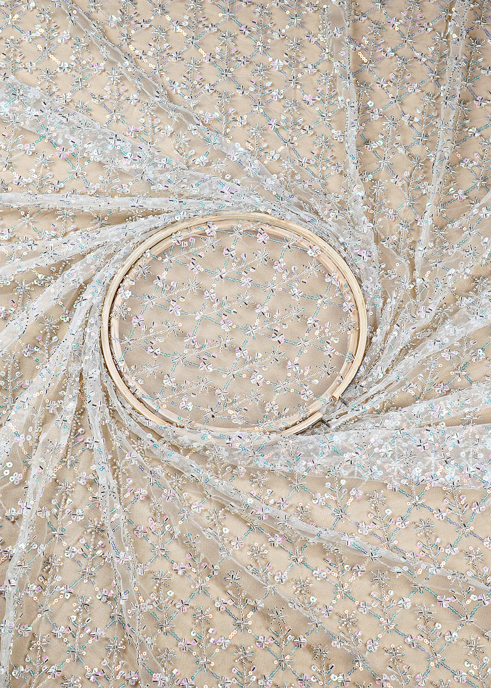 White Imported Net Fabric With All Over Ranibow Sequins And Katdana Work 16033