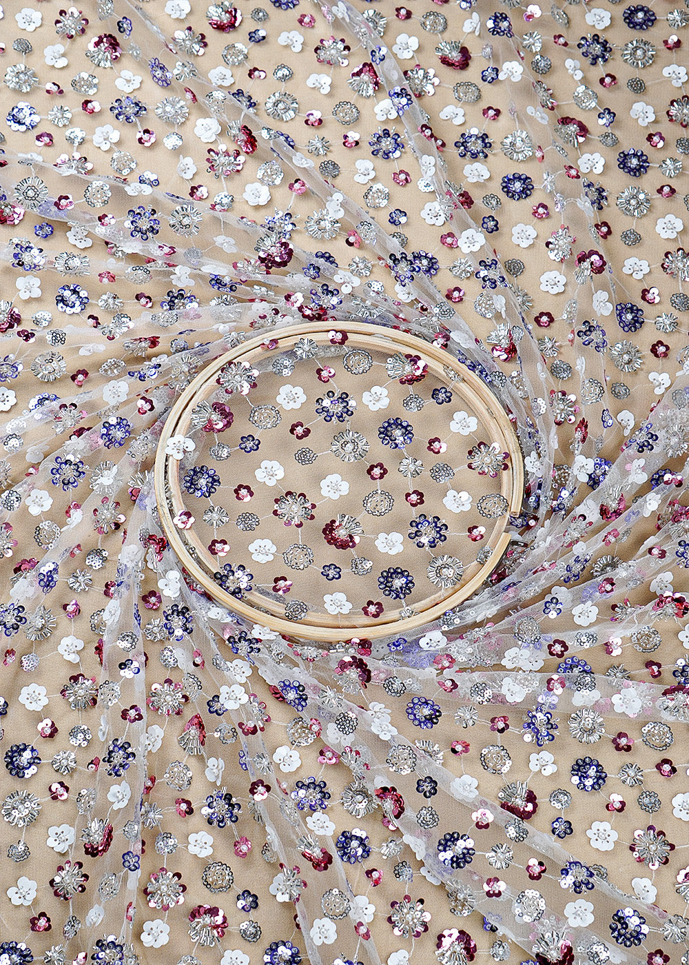 White Imported Net Fabric With All Over Sequins And Katdana Work 16040