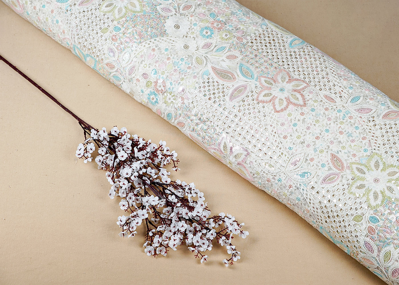 White Imported Net Fabric With All Over Thread, Colorful Sequins And Cutwork 16041