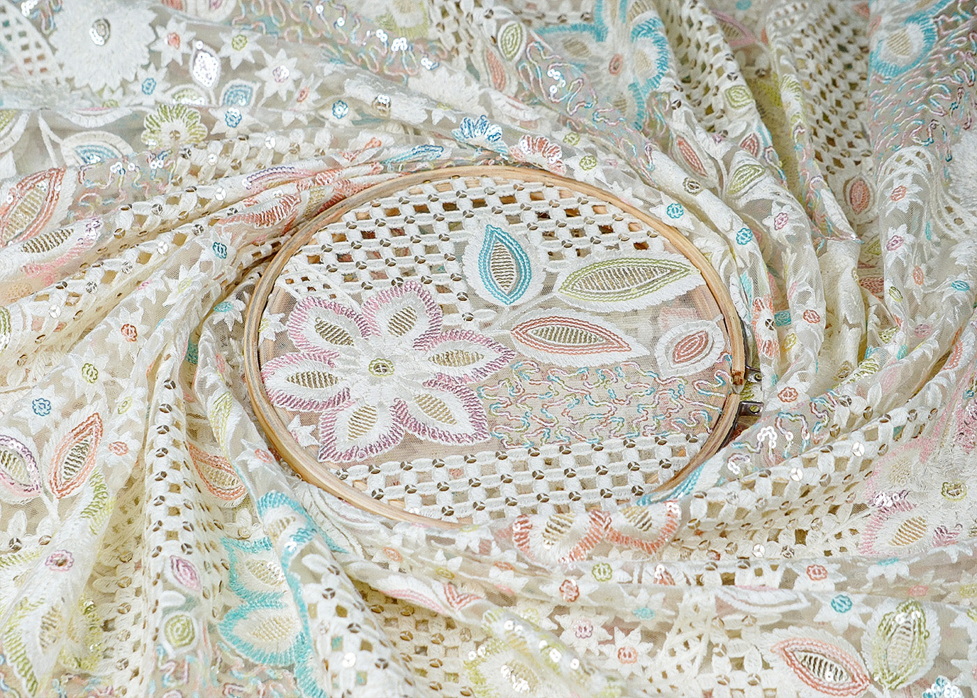 White Imported Net Fabric With All Over Thread, Colorful Sequins And Cutwork 16041