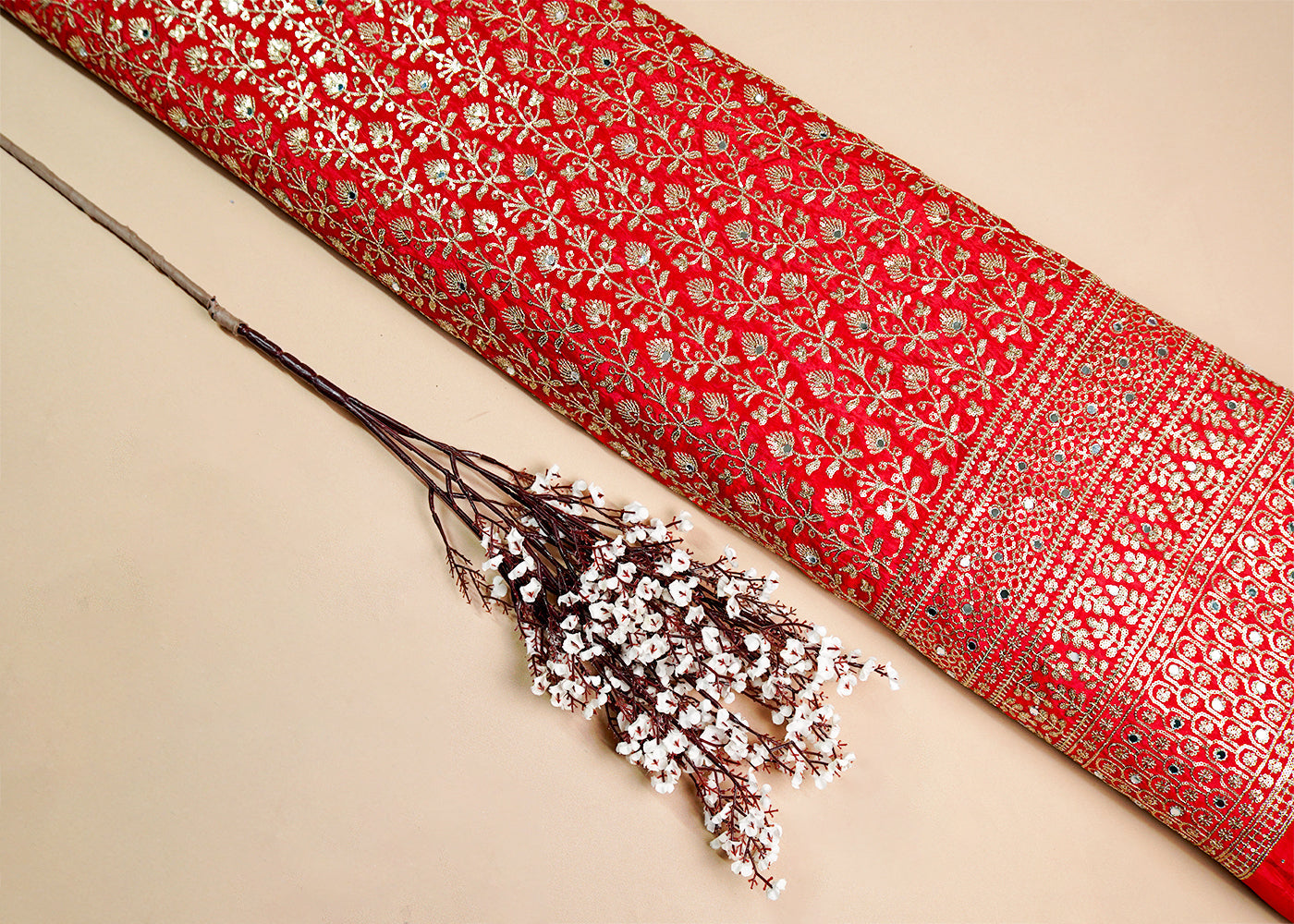 Red Silk Fabric with All Over Sequins and Mirror Work and One Side Heavy Border 16047