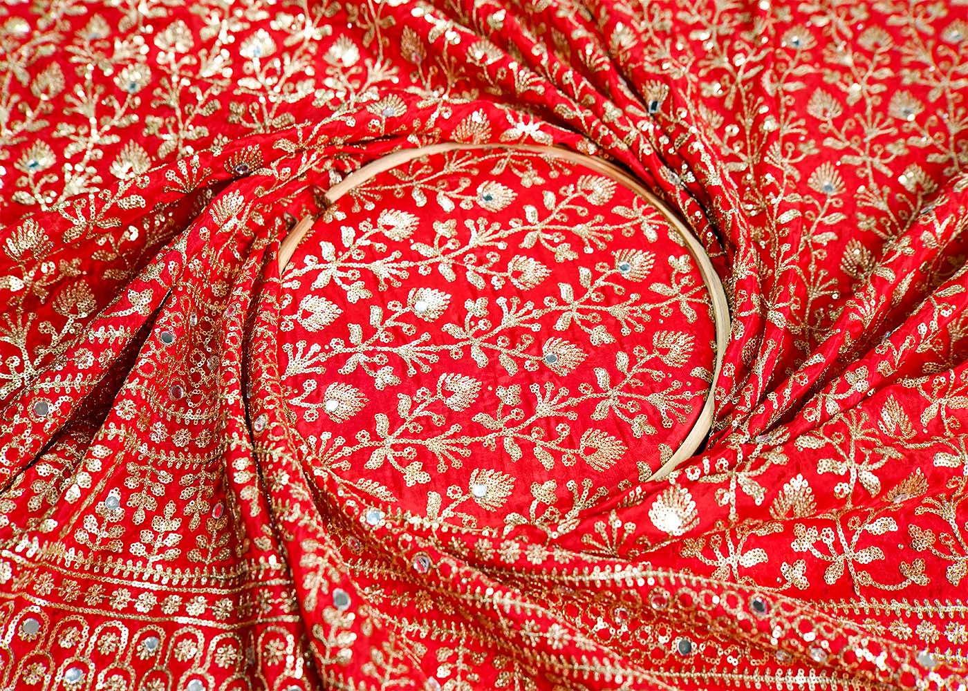 Red Silk Fabric with All Over Sequins and Mirror Work and One Side Heavy Border 16047