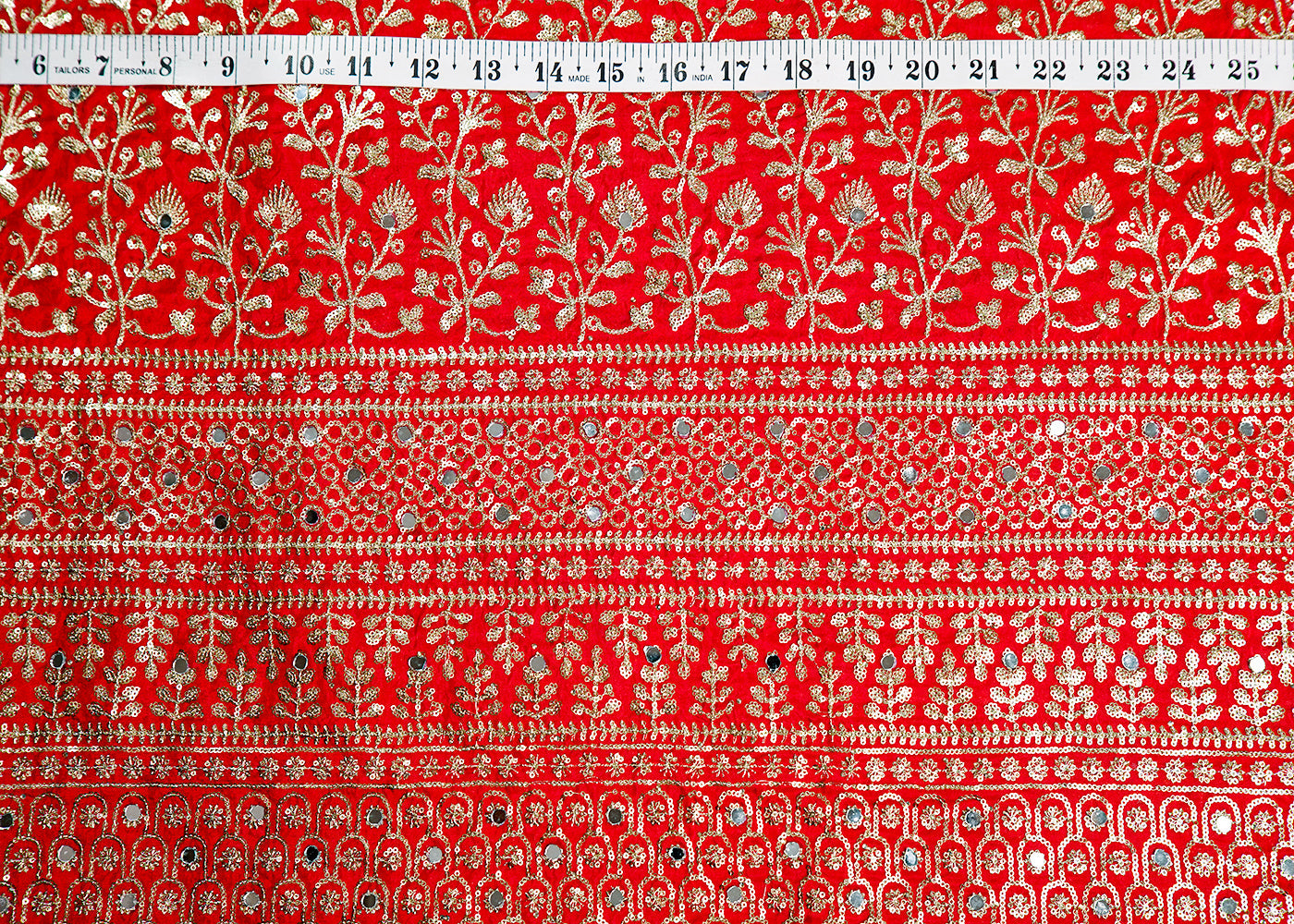 Red Silk Fabric with All Over Sequins and Mirror Work and One Side Heavy Border 16047