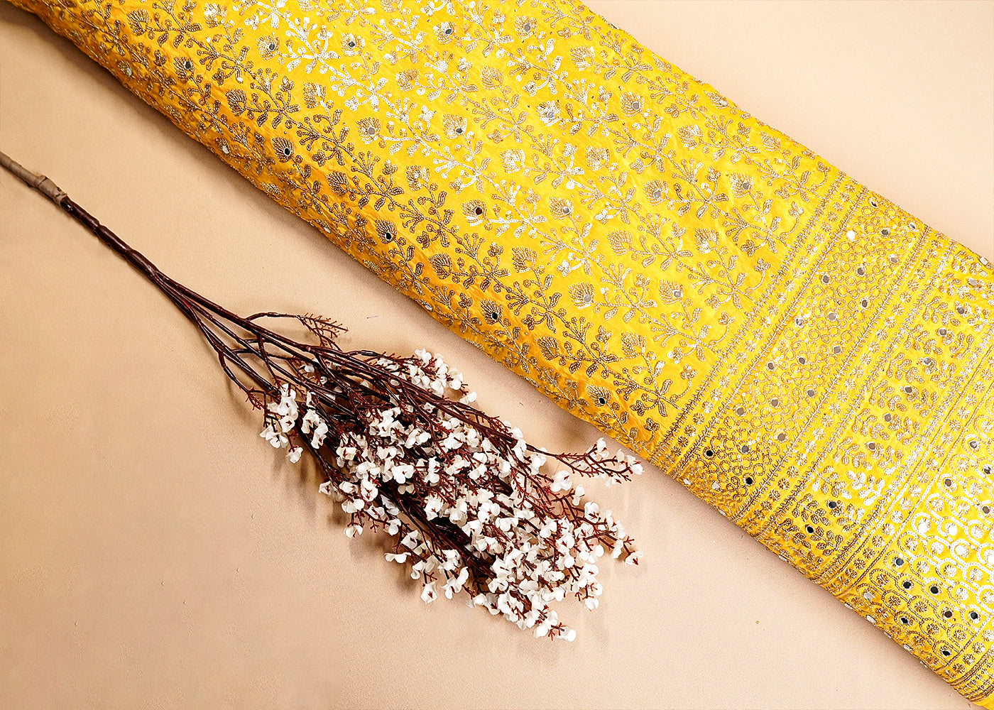 Yellow Silk Fabric with All Over Sequins and Mirror Work and One Side Heavy Border 16048