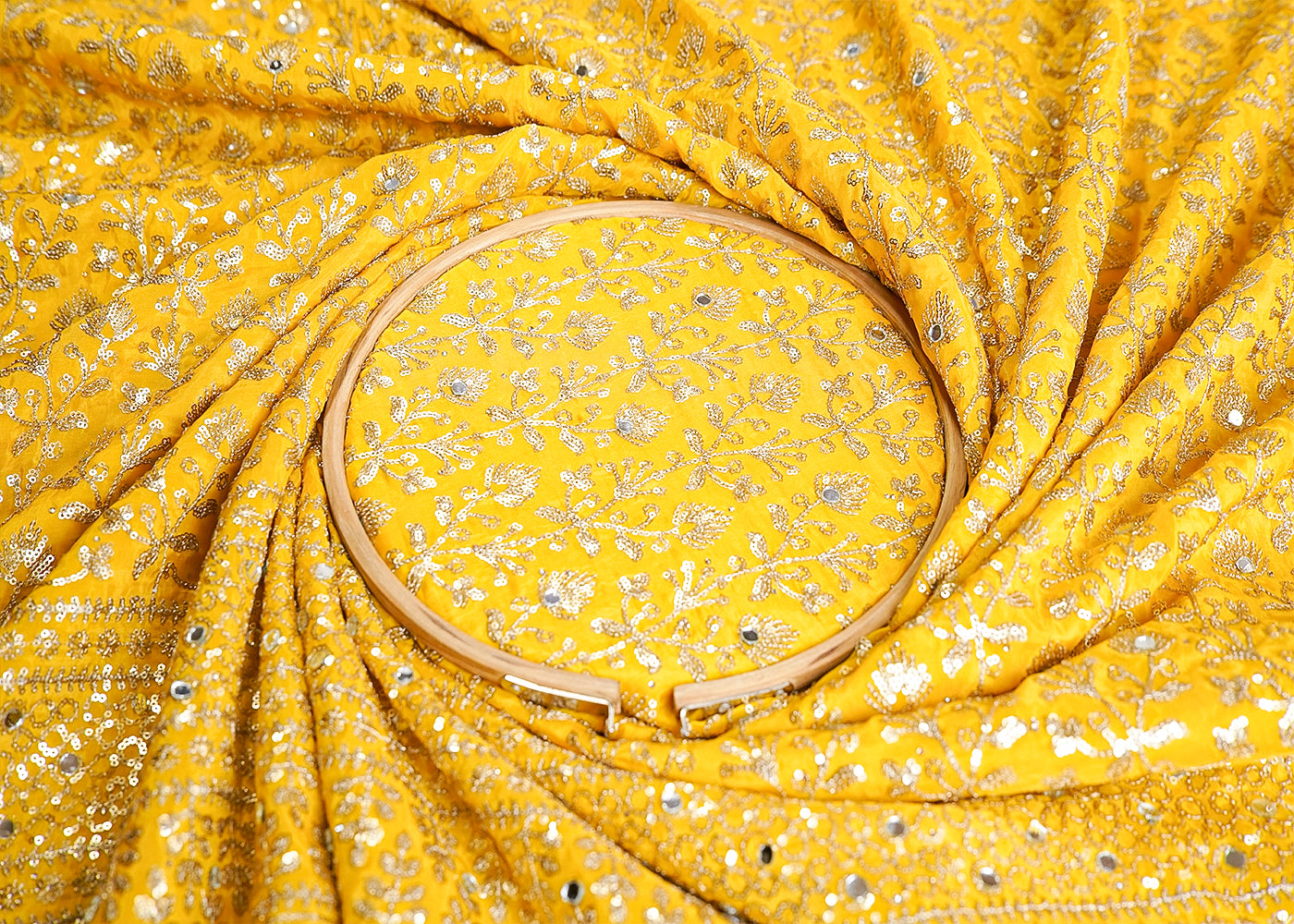 Yellow Silk Fabric with All Over Sequins and Mirror Work and One Side Heavy Border 16048
