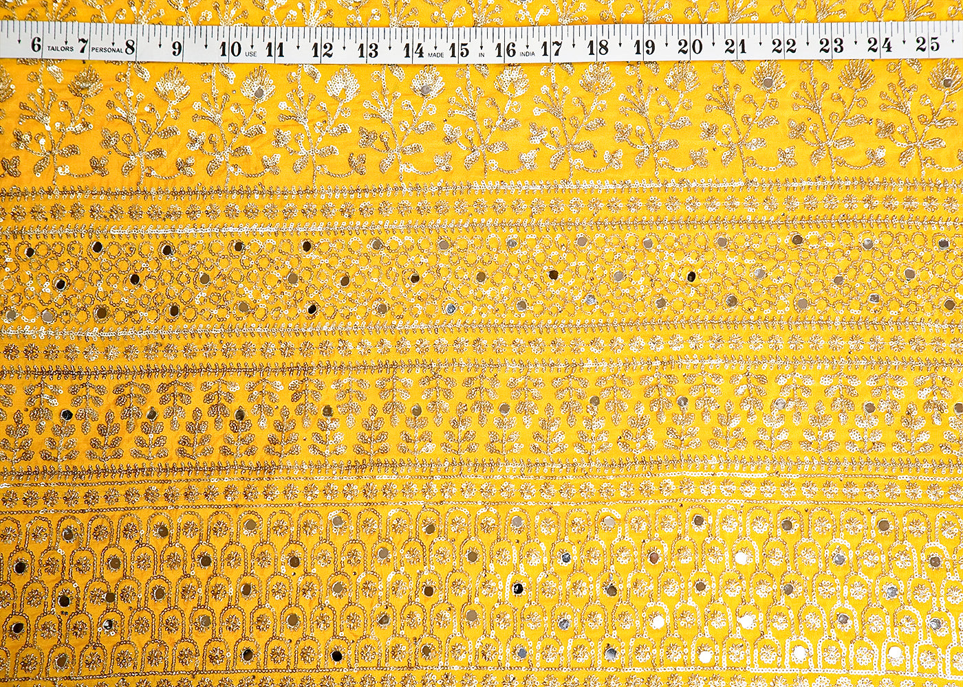 Yellow Silk Fabric with All Over Sequins and Mirror Work and One Side Heavy Border 16048