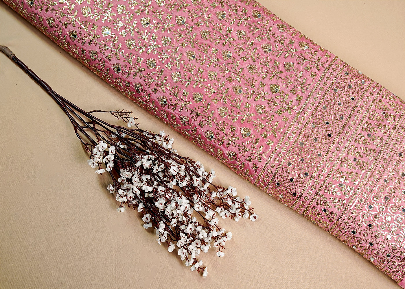 Baby Pink Silk Fabric with All Over Sequins and Mirror Work and One Side Heavy Border 16049