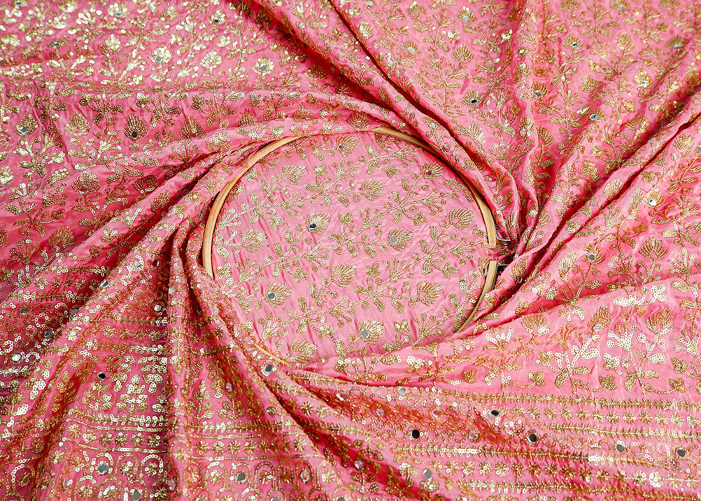 Baby Pink Silk Fabric with All Over Sequins and Mirror Work and One Side Heavy Border 16049