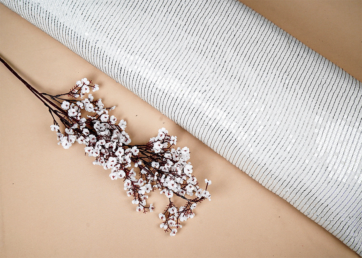 White Georgette Fabric with All Over Bead and Water Sequins Work 16050