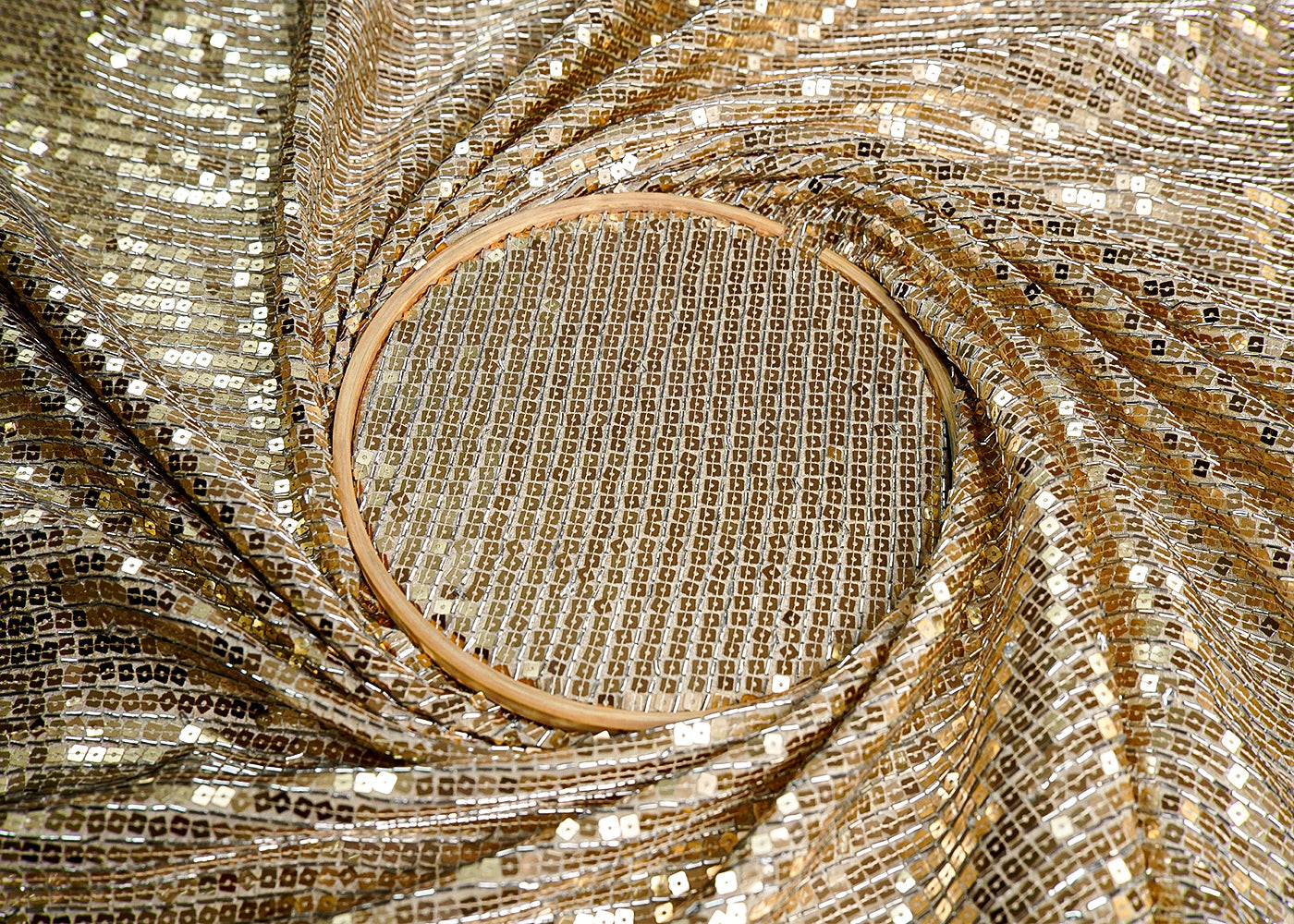 White Tissue Fabric with All Over Bead and Golden Sequins Work 16051