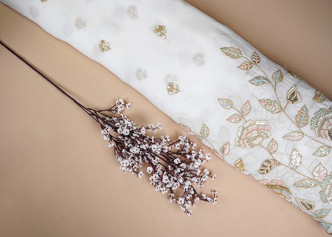White Georgette Fabric with All Over Sequins, Katdana and Bead Work with One Side Border 16052