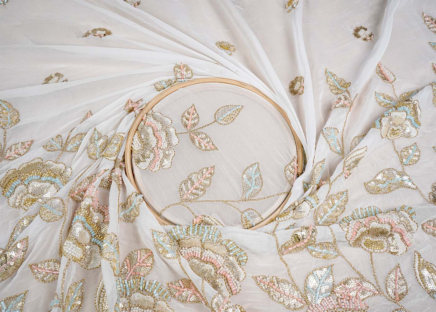 White Georgette Fabric with All Over Sequins, Katdana and Bead Work with One Side Border 16052