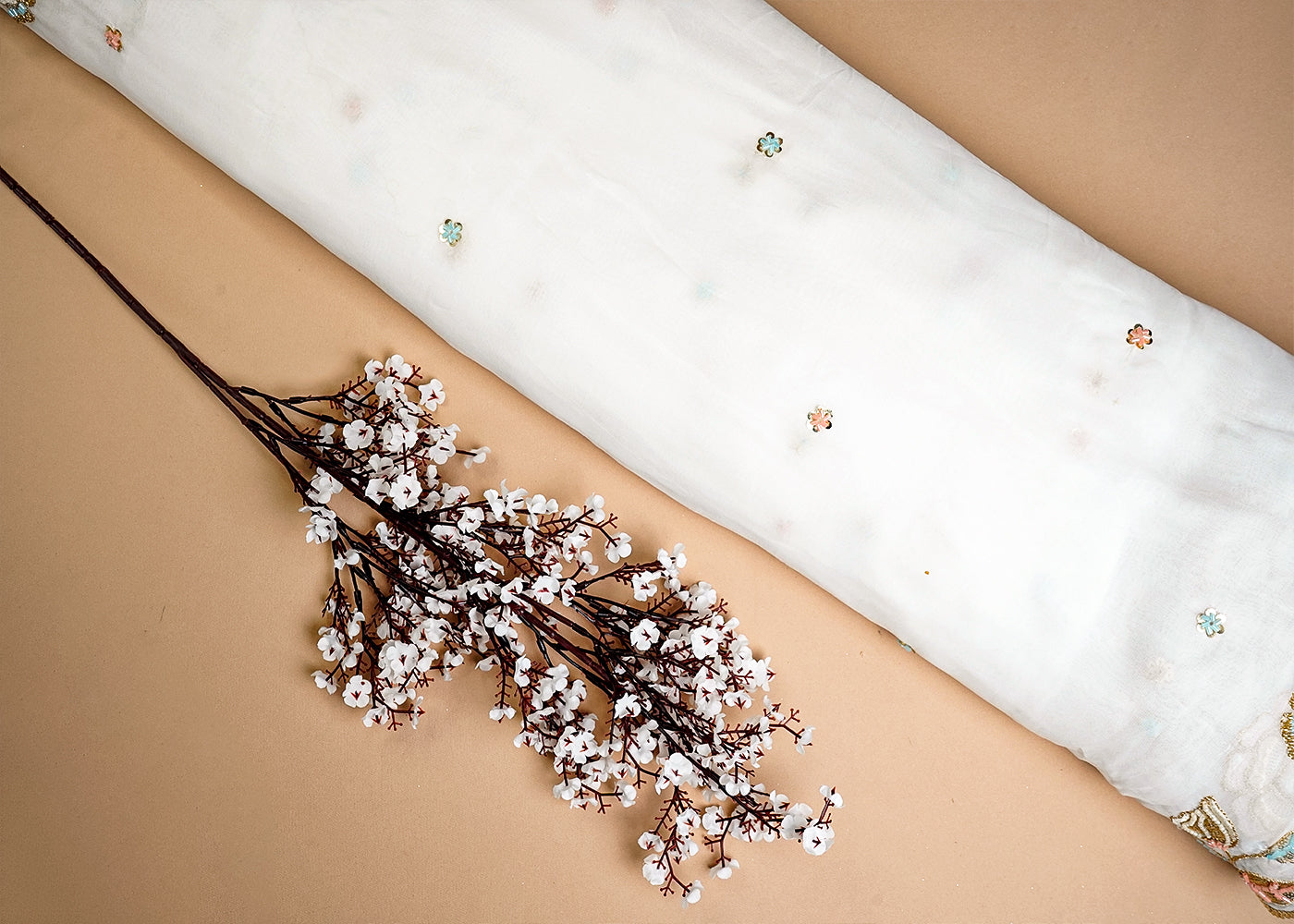 White Georgette Fabric with All Over Sequins, Katdana and Bead Work with Two Side Border 16053