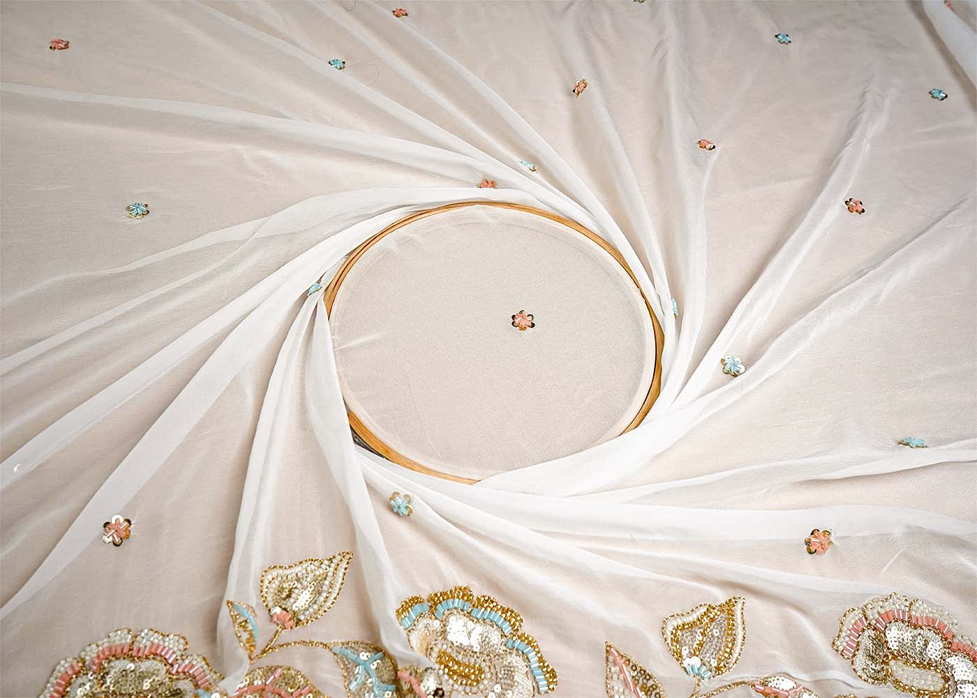 White Georgette Fabric with All Over Sequins, Katdana and Bead Work with Two Side Border 16053