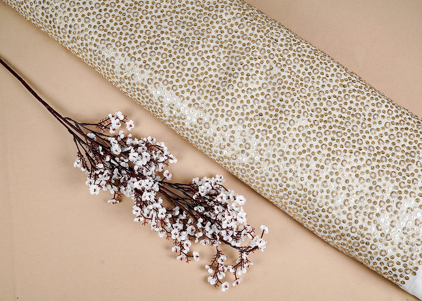 White Georgette Fabric with All Over Thread and Sequins Work 16054