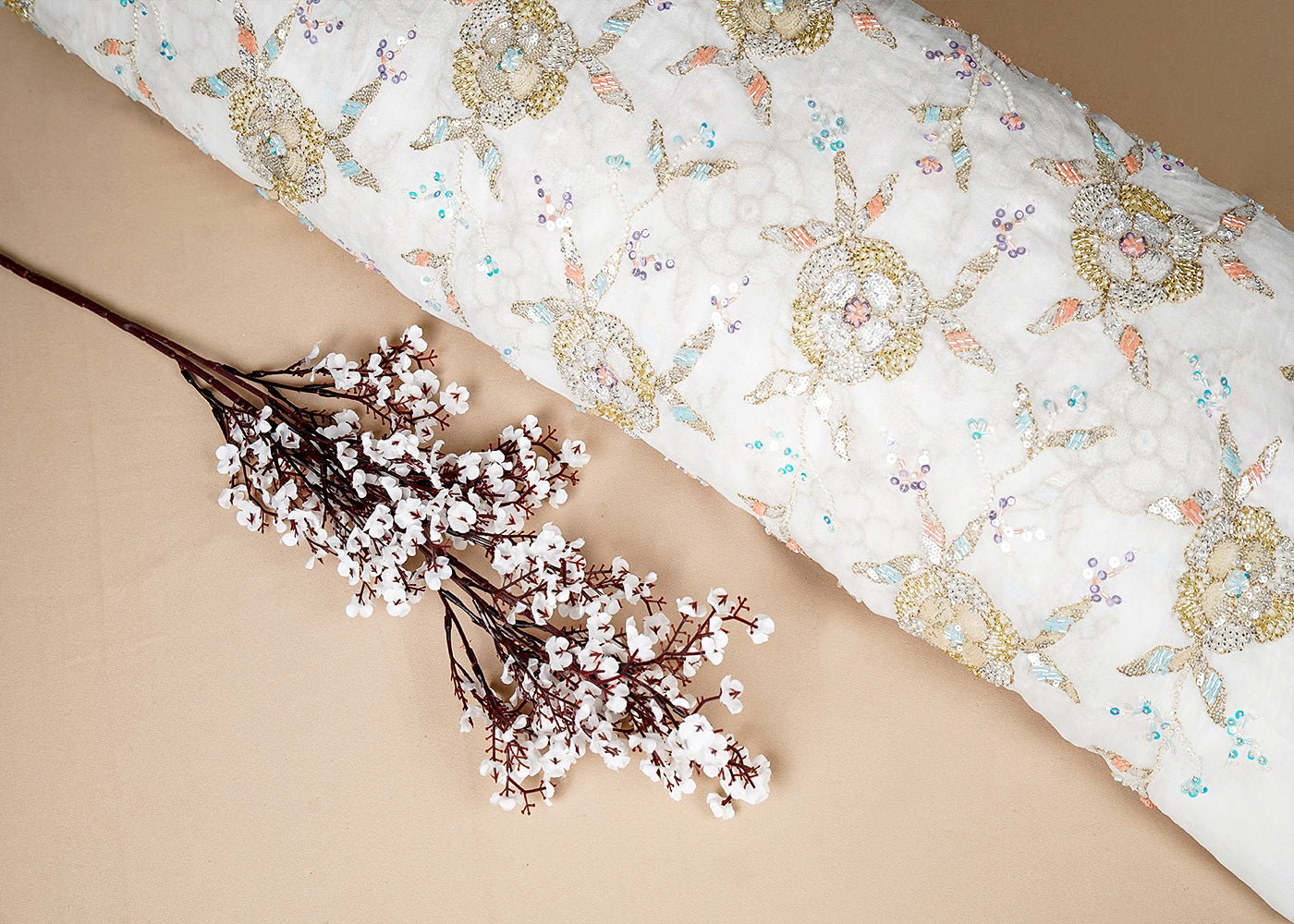 White Georgette Fabric with All Over Katdana, Bead and Sequins Work 16055