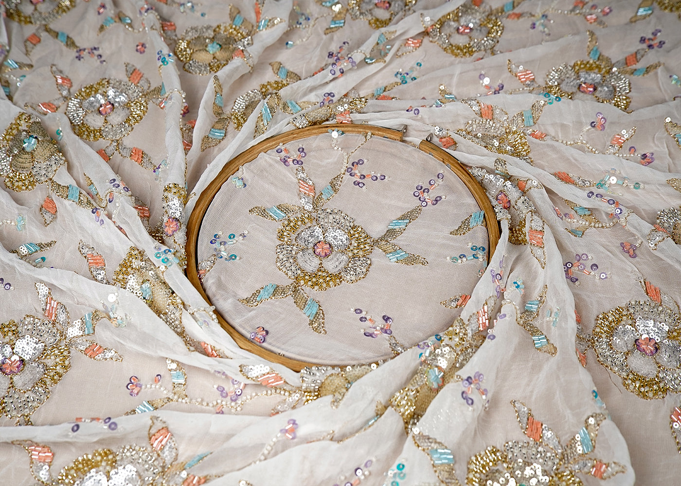 White Georgette Fabric with All Over Katdana, Bead and Sequins Work 16055