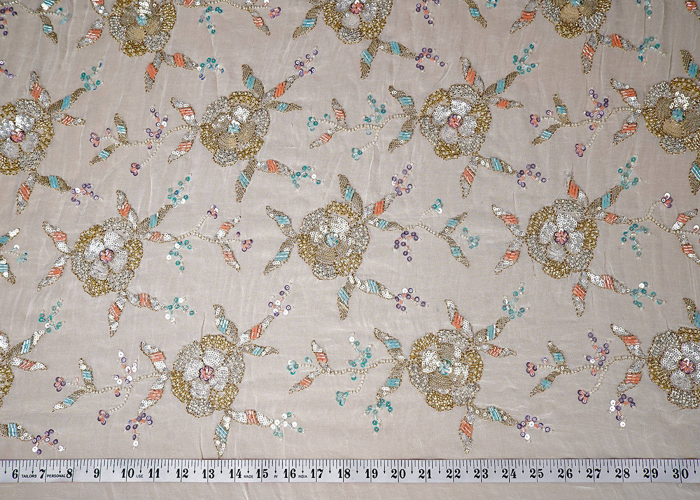 White Georgette Fabric with All Over Katdana, Bead and Sequins Work 16055