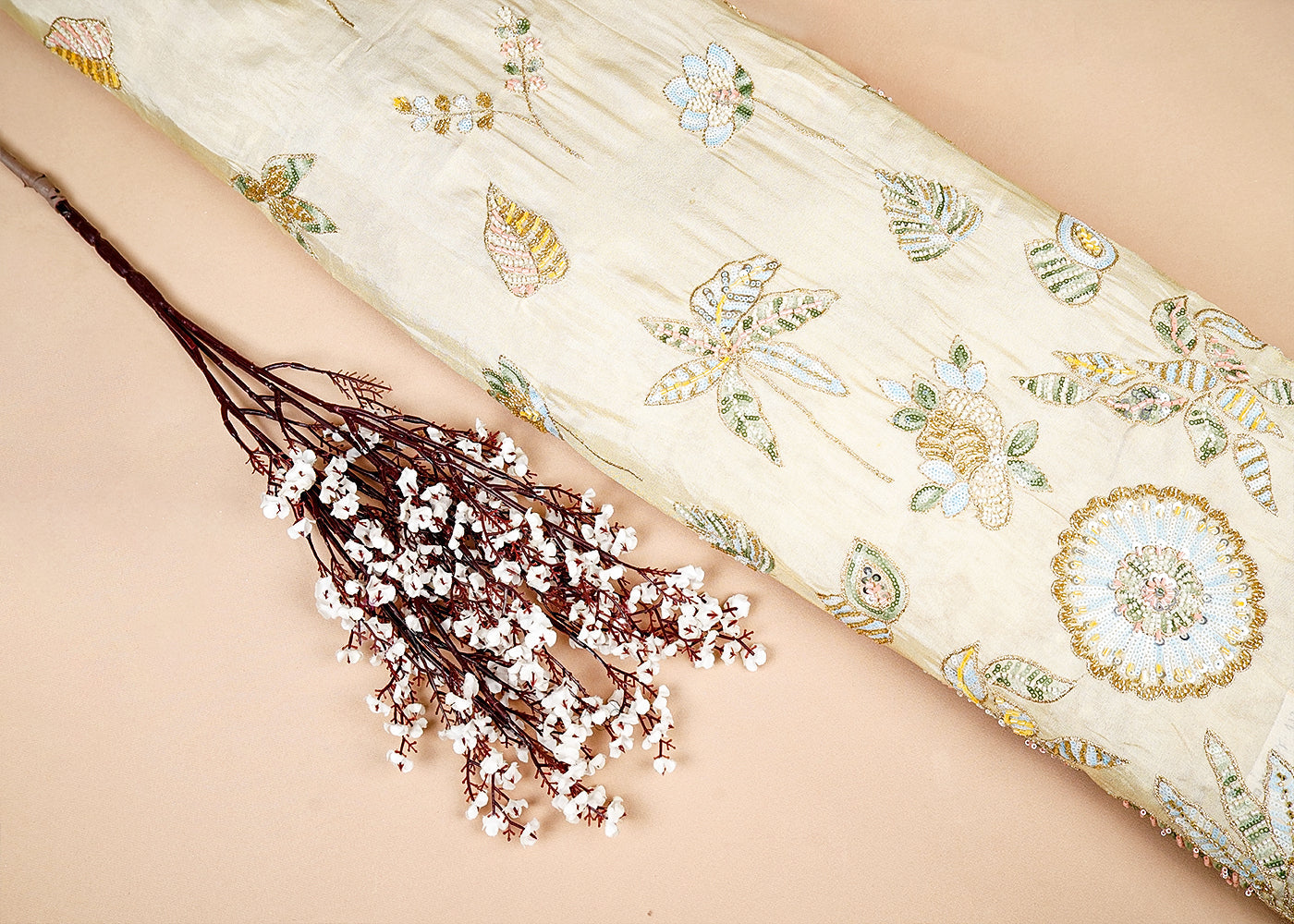 Golden Tissue Fabric with All Over Sequins, Katdana and Bead Work with One Side Border 16056