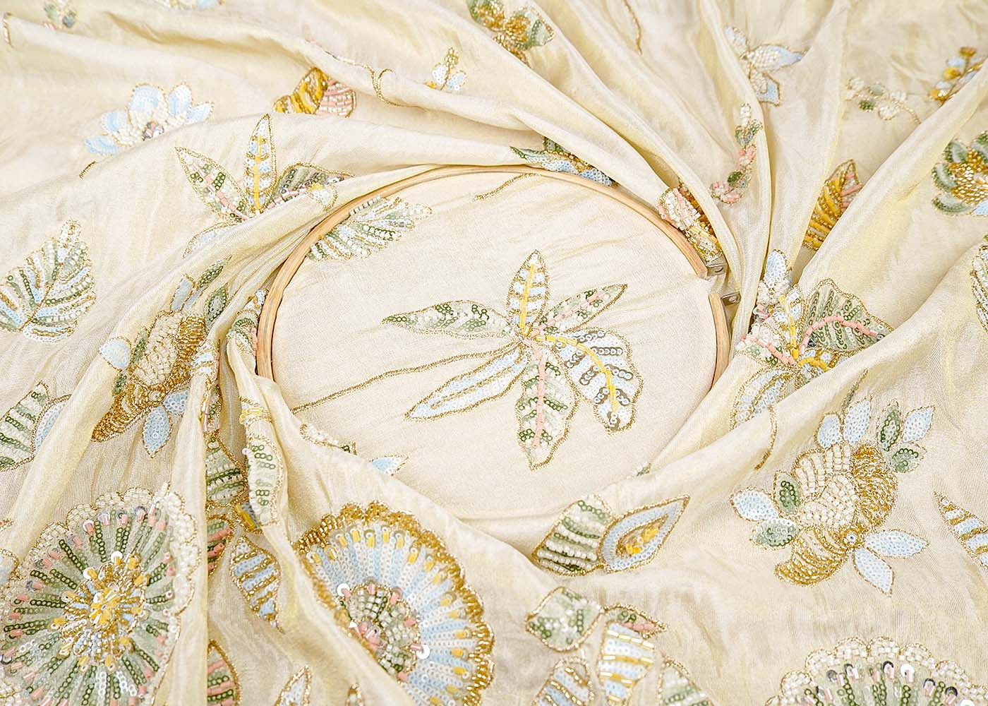Golden Tissue Fabric with All Over Sequins, Katdana and Bead Work with One Side Border 16056