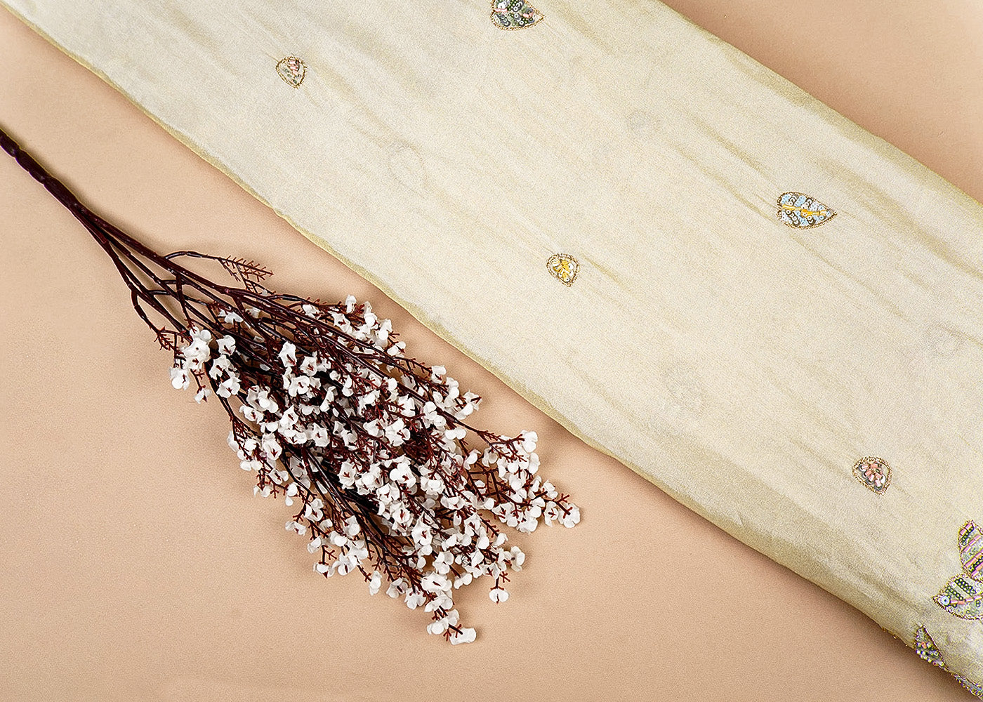 Golden Tissue Fabric with All Over Sequins, Katdana and Bead Work with One Side Border 16057
