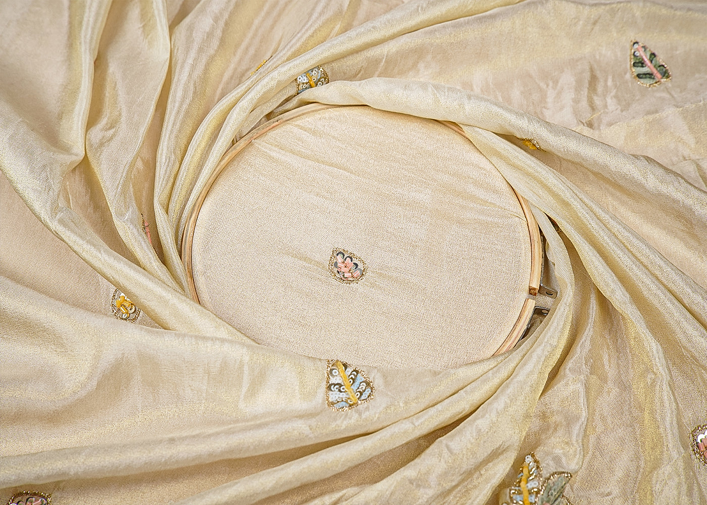 Golden Tissue Fabric with All Over Sequins, Katdana and Bead Work with One Side Border 16057