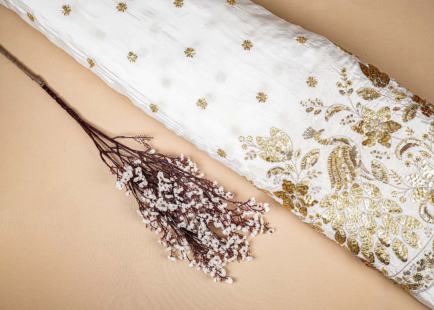 White Crepe Fabric with All Over Katdana, Zari and Sequins Work with One Side Heavy Border 16058