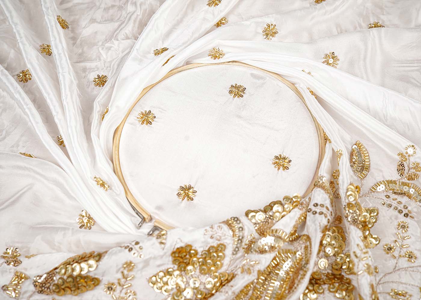 White Crepe Fabric with All Over Katdana, Zari and Sequins Work with One Side Heavy Border 16058