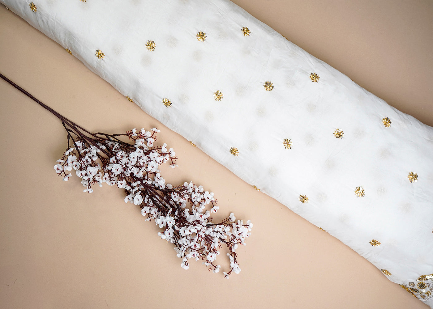 White Organza Fabric with All Over Sequins, Katdana and Bead Work with Two Side Border 16059