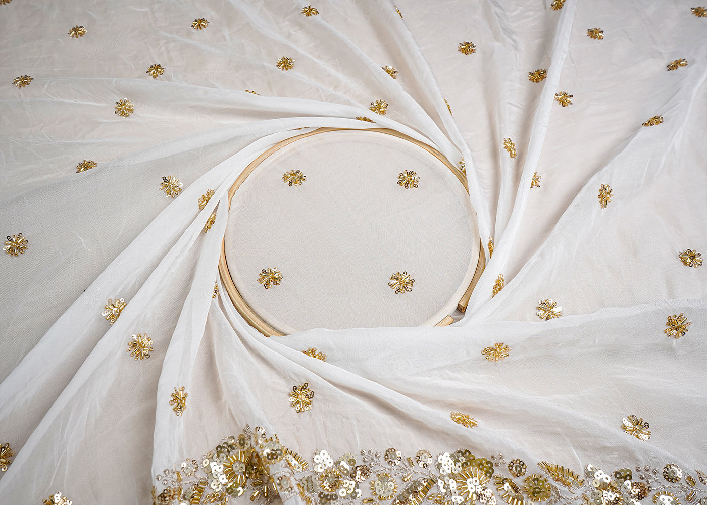 White Organza Fabric with All Over Sequins, Katdana and Bead Work with Two Side Border 16059