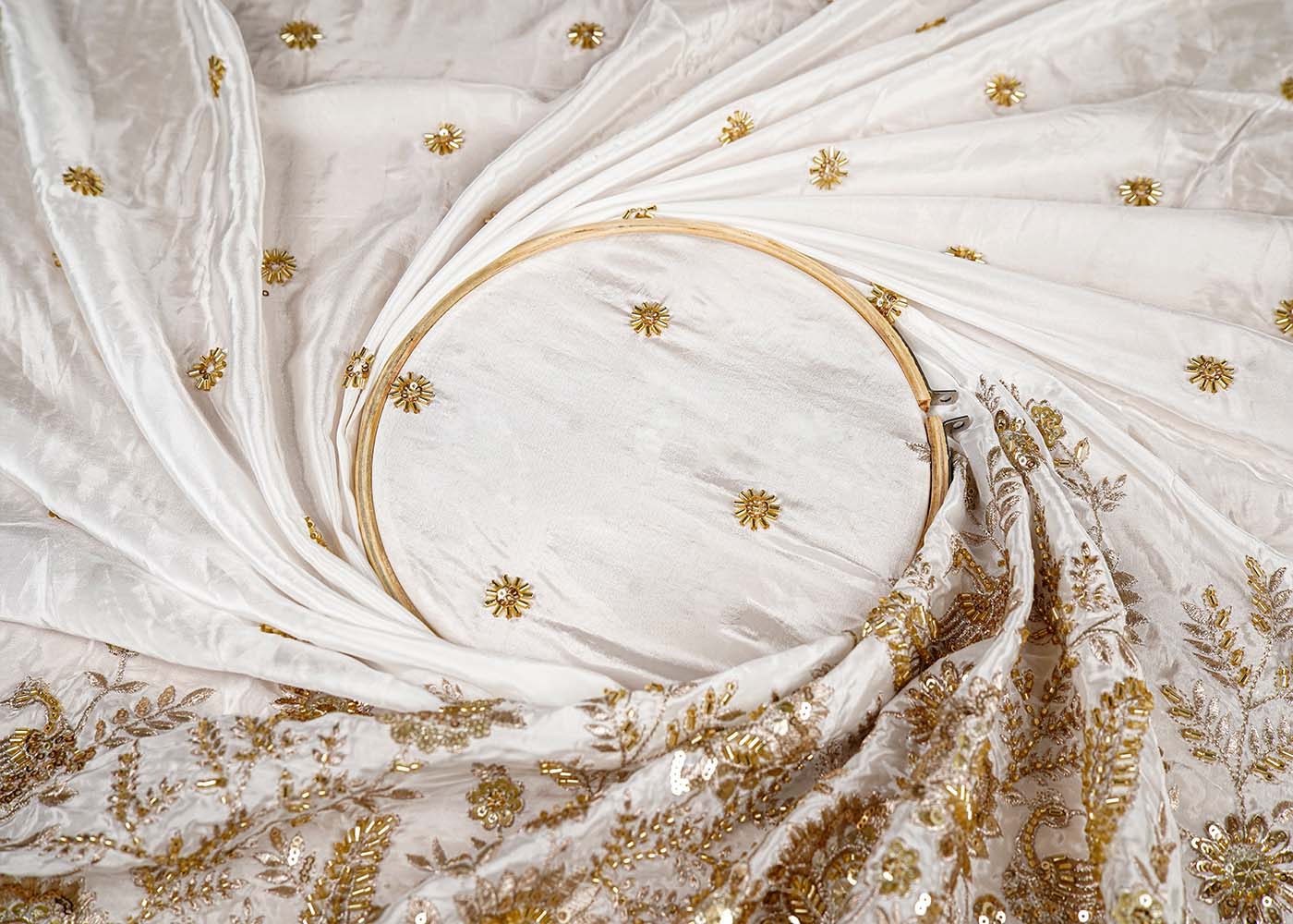 White Crepe Fabric with All Over Katdana, Zari and Sequins Work with One Side Heavy Border 16060