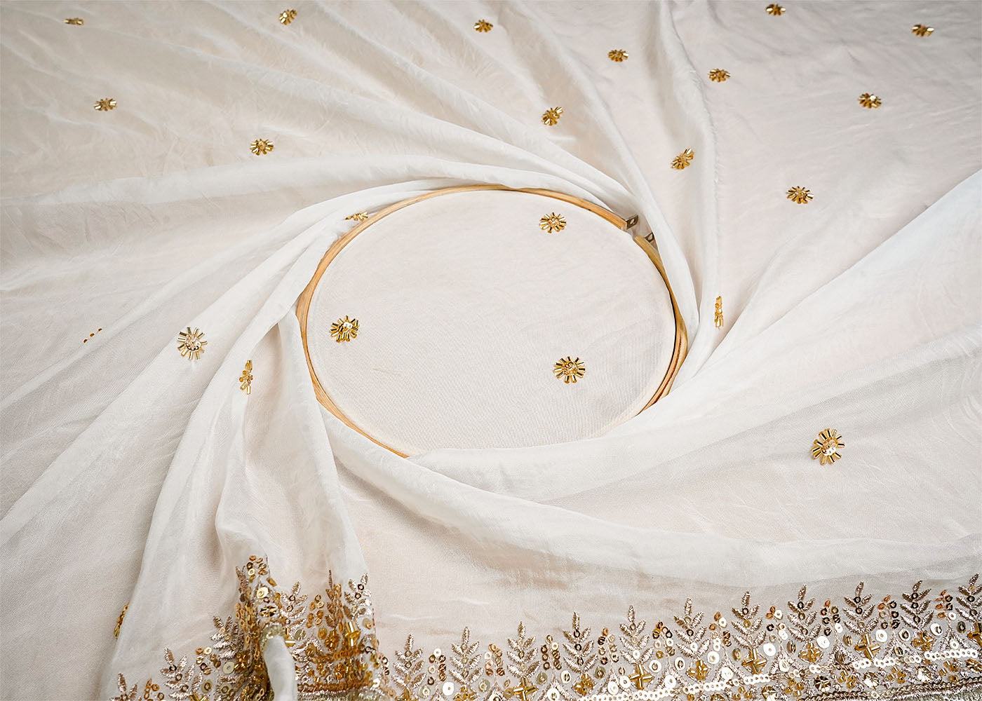White Organza Fabric with All Over Sequins, Katdana and Bead Work with Two Side Border 16061