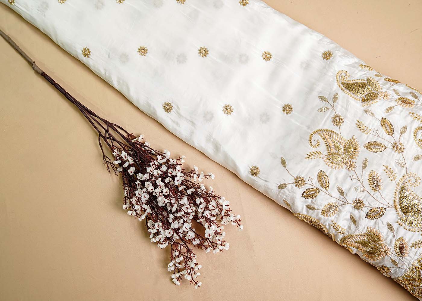 White Crepe Fabric with All Over Katdana, Zari and Sequins Work with One Side Heavy Border 16062