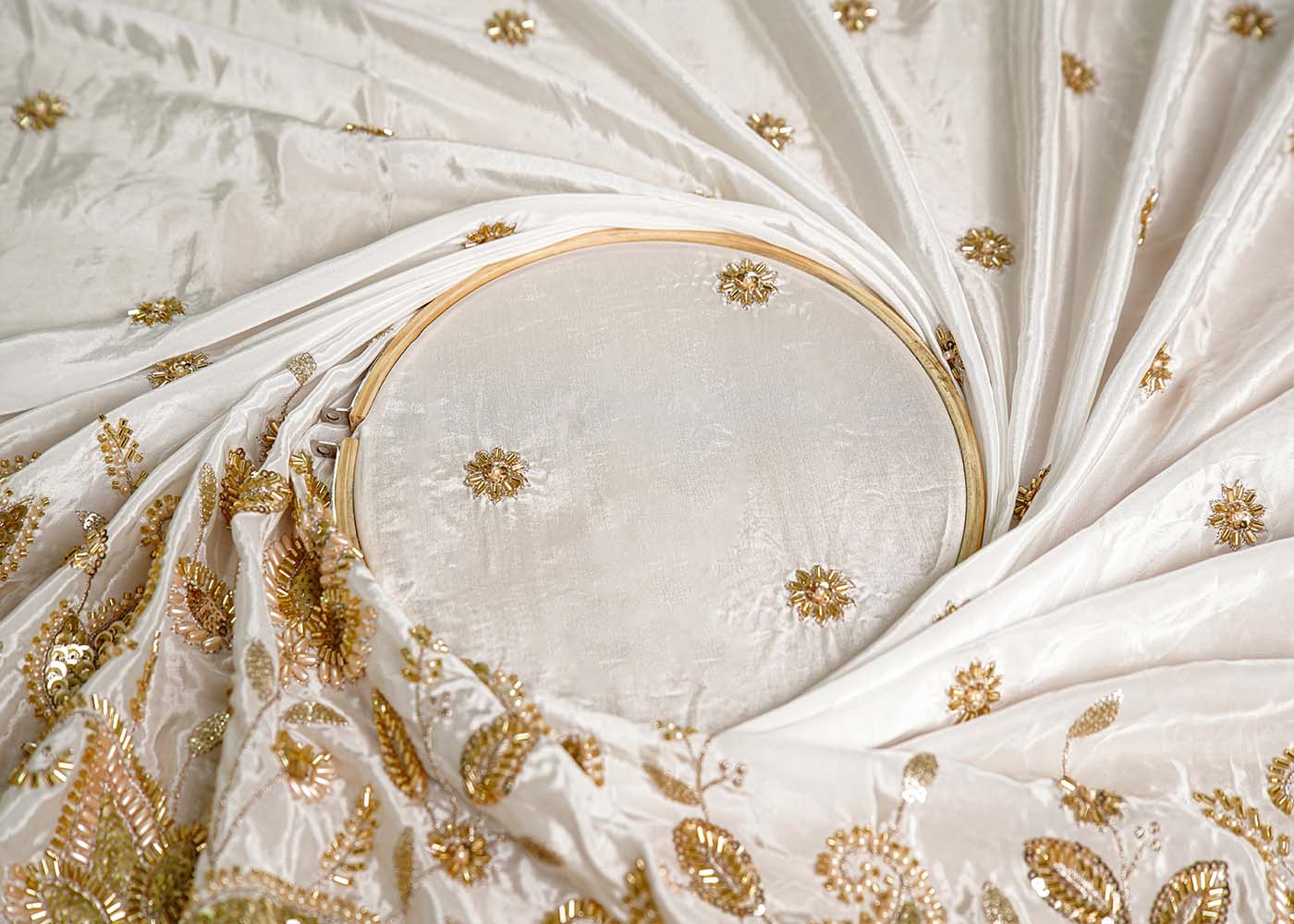 White Crepe Fabric with All Over Katdana, Zari and Sequins Work with One Side Heavy Border 16062