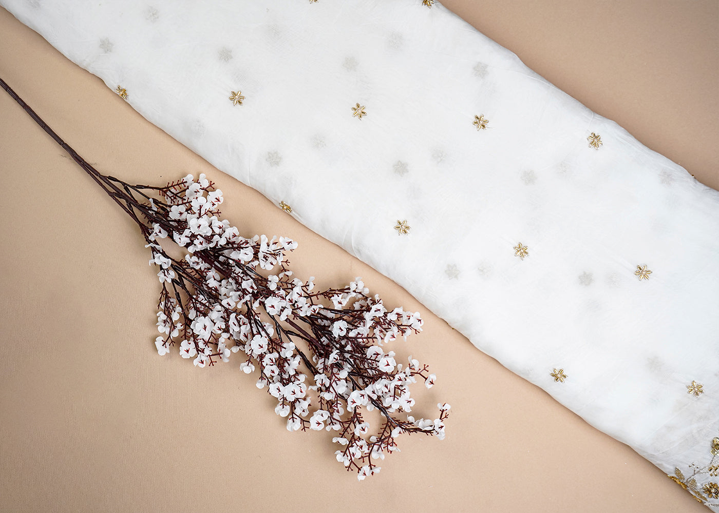 White Organza Fabric with All Over Sequins, Katdana and Bead Work with Two Side Border 16063