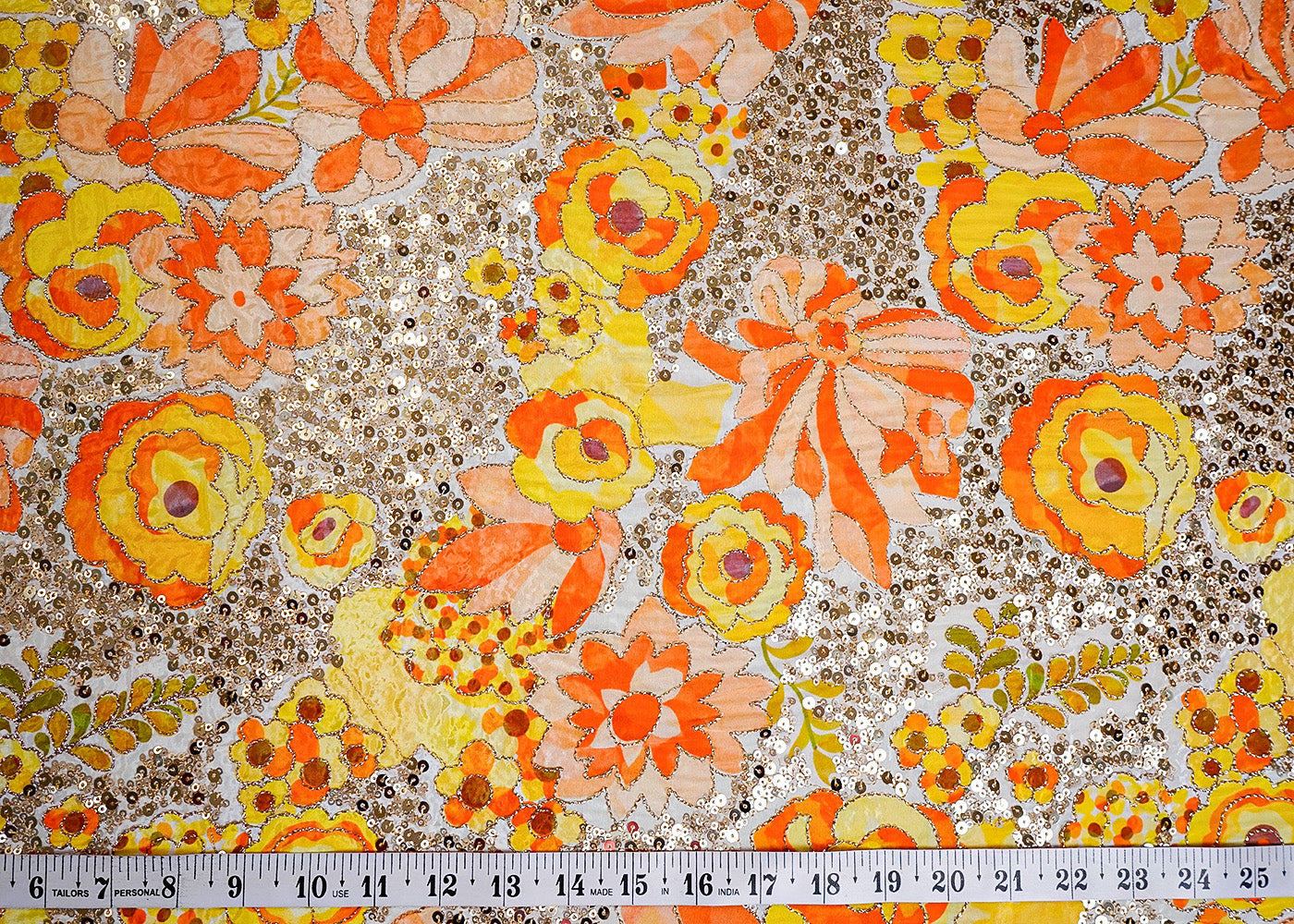 Yellow Crepe Fabric with All Over Zari and Sequins Work with Floral Print 16064